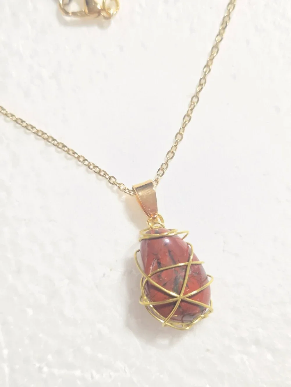 Handcrafted Gold Wire-Wrapped Red Jasper Stone Pendant Necklace